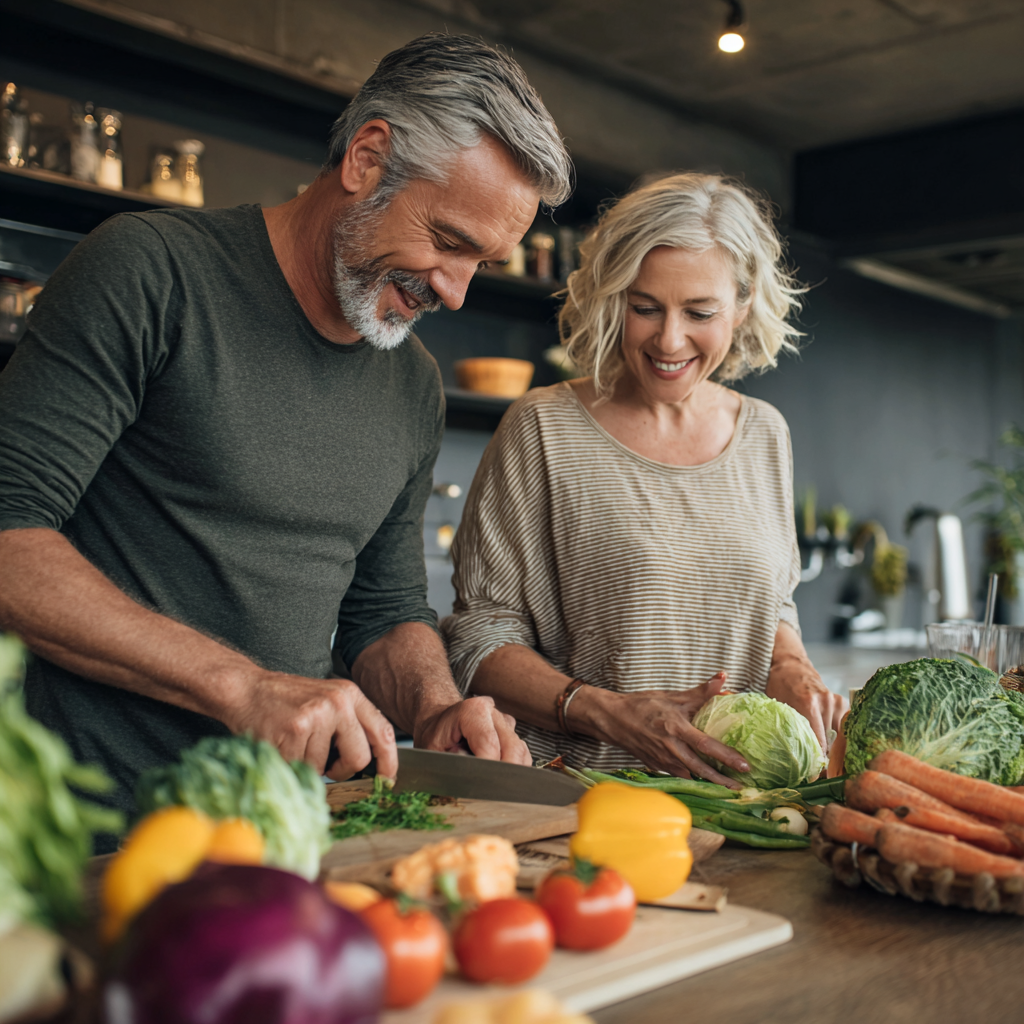 Middle-aged couple preparing fresh vegetables together in modern kitchen